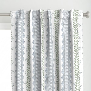 Preppy Stripe Curtain Panel - Celia Blue On White by danika_herrick - Blue Flower Stripe Grandmillennial Custom Curtain Panel by Spoonflower