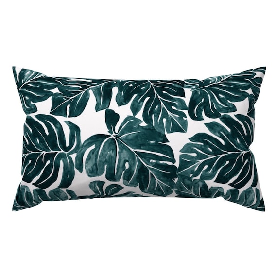 Watercolor Monstera Lumbar Pillow - Tropical Leaves Blue Green Dark Teal Rectangle Accent Throw Pillow - Jungle Leaves Teal by crystal_walen