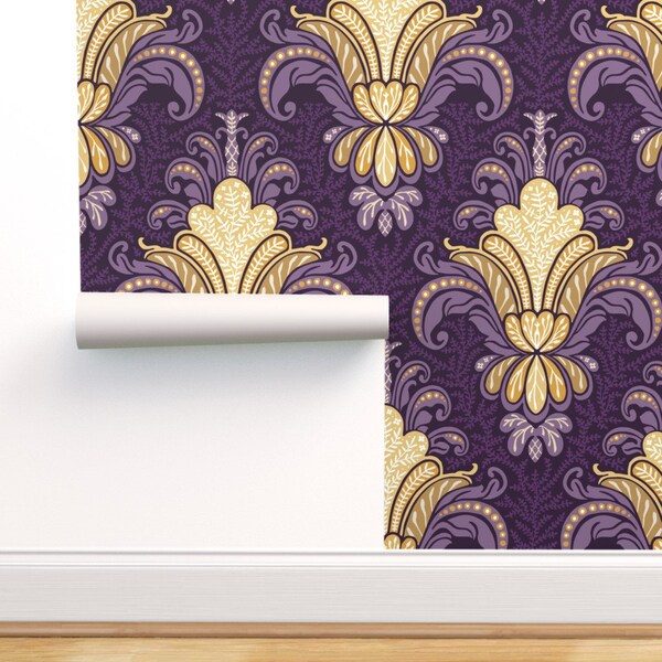 Large Scale Damask Commercial Grade Wallpaper - Folk Boxwood Damask by lyanderson - Purple Plum Gold Wallpaper Double Roll by Spoonflower