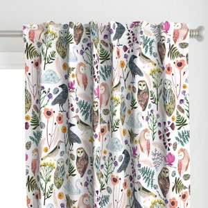 Flora And Fauna Curtain Panel - Lucid Dreams Mystic by zoe_ingram - Woodland Birds Raven Owl Swan  Custom Curtain Panel by Spoonflower