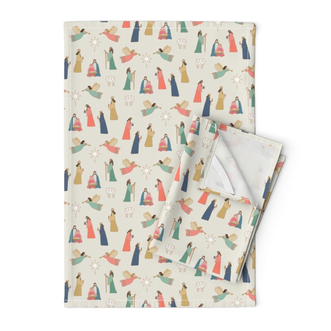 Cream Nativity Tea Towels set of 2 Christmas Nativity by Hey_cute