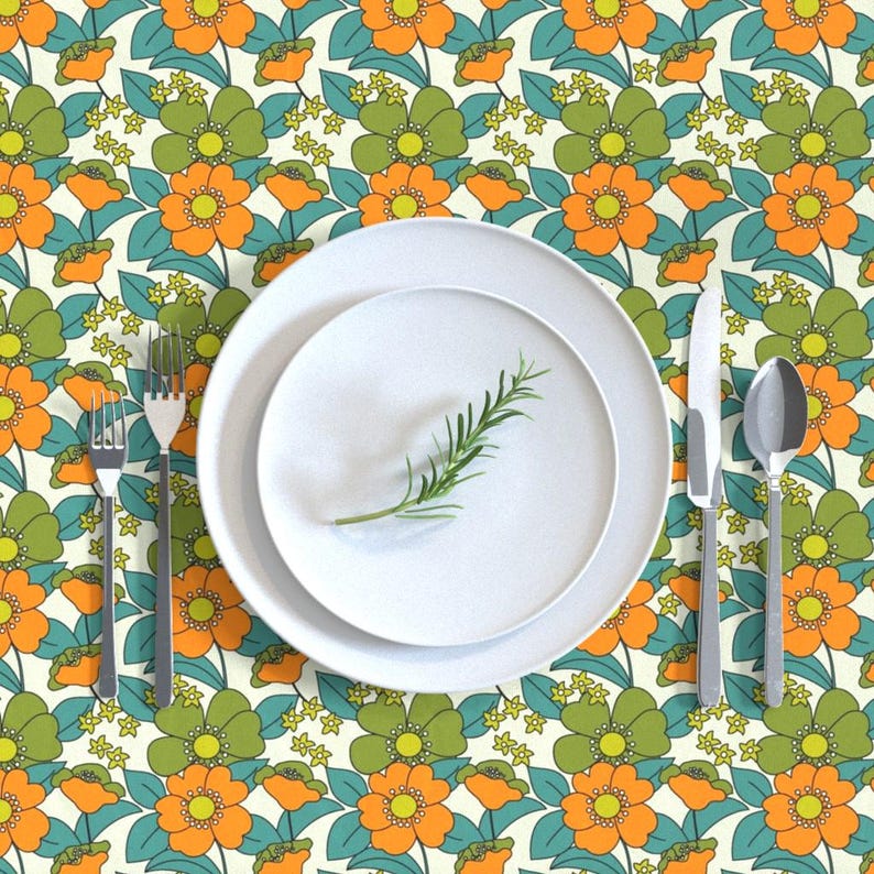 Retro Tablecloth - 70s Floral by morecandy_shop - Floral Hippie 70s 1970s Vintage Style Trending Cotton Sateen Tablecloth by Spoonflower image 3