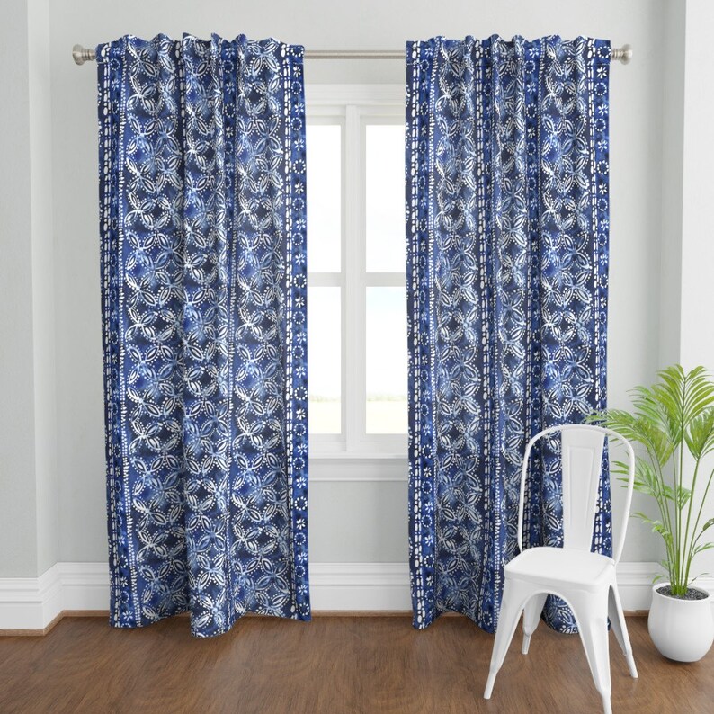 Blue Batik Curtain Panel Shibori Lines by Ohn_mar_win - Etsy