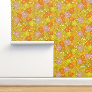 Retro Floral Non-Pasted Wallpaper - Retro Buttercup by mariarein - Groovy Hippie Mid Mod Floral Boho Wallpaper Double Roll by Spoonflower