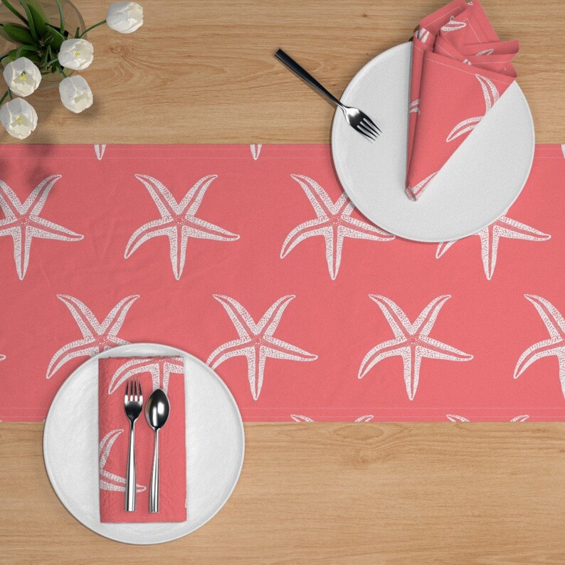 Beach Vacation Table Runner I Wish Upon A Starfish Coral by lisakling Modern Nautical Cotton Sateen Table Runner by Spoonflower