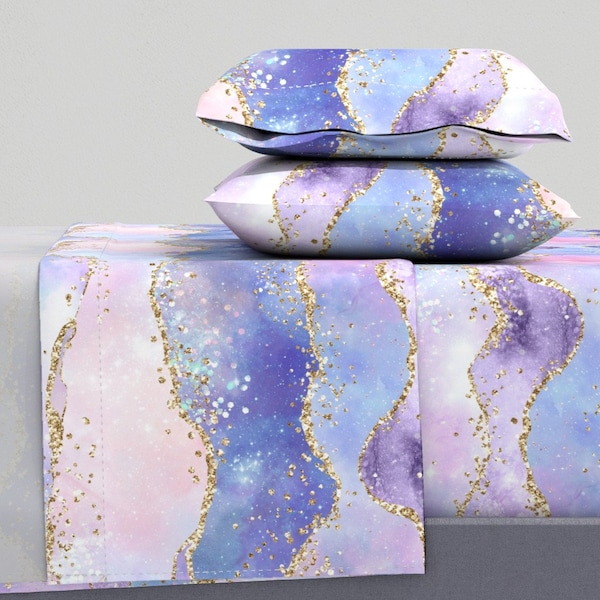 Watercolor Sheets - Pastel Rainbow  by ktscarlett_ - Geode Pink Purple Blue Faux Gold  Cotton Sateen Sheet Set Bedding by Spoonflower