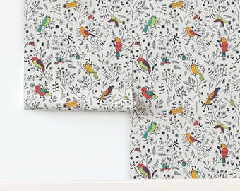 Whimsical Birds Non-Pasted Wallpaper Springtime Doodle Modern Botanical Wildflowers  - Spring Birds by diseminger Wallpaper by Spoonflower