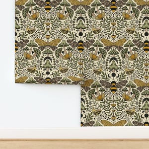 Nouveau Nature Non-Pasted Wallpaper - Natural Habitat Of Bees And Moths by ozdebayer - Green Yellow Bee Wallpaper Double Roll by Spoonflower