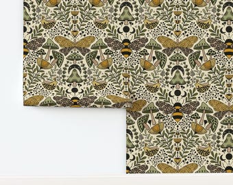 Nouveau Nature Non-Pasted Wallpaper - Natural Habitat Of Bees And Moths by ozdebayer - Green Yellow Bee Wallpaper Double Roll by Spoonflower