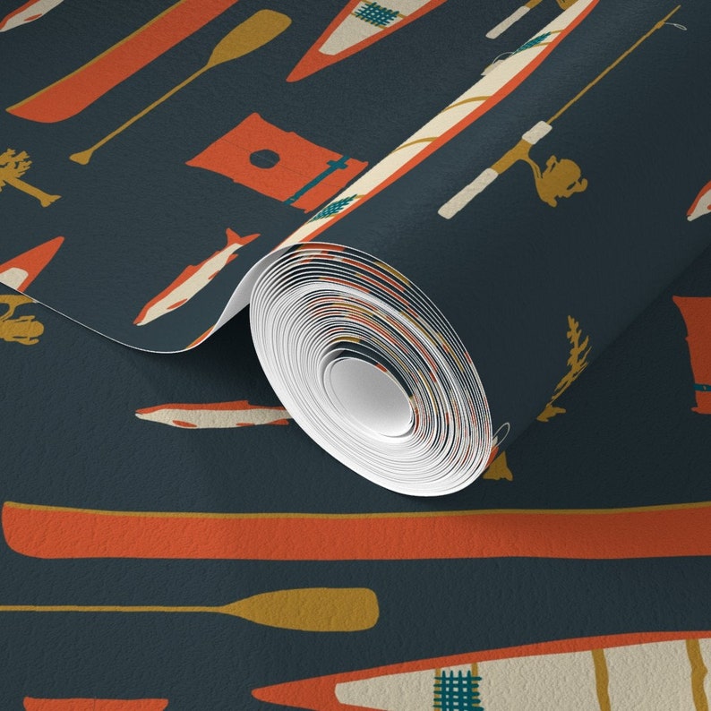 Rustiek vliesbehang Lake Life Camping Woodland Nature - Lake Canoes And Oars van coitcreative Wallpaper Double Roll van Spoonflower afbeelding 4