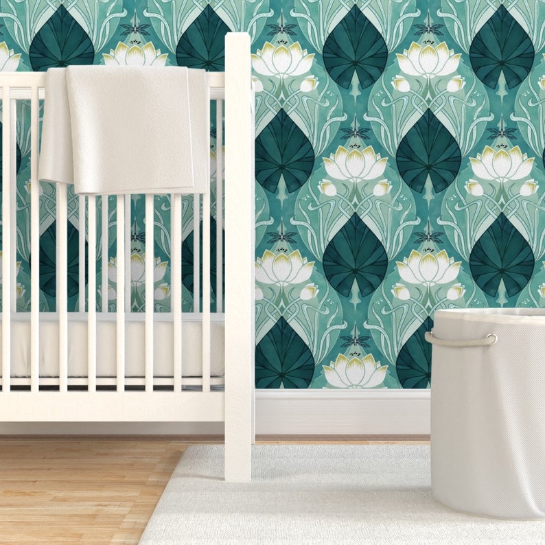 Art Nouveau Commercial Grade Wallpaper Teal Waterlily by Etsy