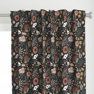 Dark Boho Floral Curtain Panel - Boho Floral On Black by devondesignco - Mustard Bohemian Sage Green Custom Curtain Panel by Spoonflower