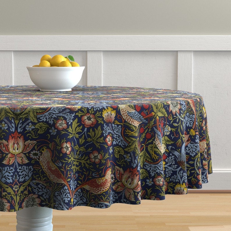 Botanical Round Tablecloth Strawberry Thief In Bright Blue By Peacoquettedesigns Damask Cotton Sateen Circle Spoonflower