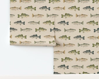 Cabincore Non-Pasted Wallpaper Rustic Camping Fisherman Cabin Decor - Lake Fish Large by cateandrainn Wallpaper Double Roll by Spoonflower