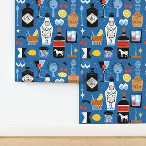Papier peint rétro non encollé : cocktails, barman, nouveauté, style Mid-Century Modern, gin, mixologie, bleu par ruby_ritz, papier peint par Spoonflower