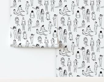 Black And White Non-Pasted Wallpaper Life Drawing Natural Body Womens Health Girl Power - The Women by dasbrooklyn Wallpaper by Spoonflower