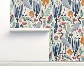 Coastal Flora Non-Pasted Wallpaper Nature Tropical Wild Flowers Crane - Heron And Plants by nina_leth Wallpaper Double Roll by Spoonflower