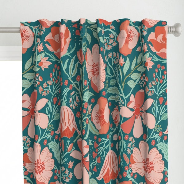 Coral Chintz Curtain Panel - Victorian Floral by jill_o_connor - Blue Green Pink Jumbo Scale  Custom Curtain Panel by Spoonflower