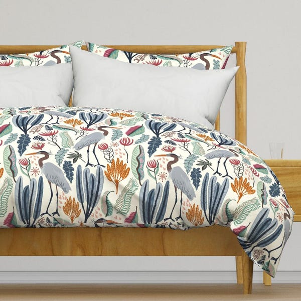 Elegant Heron Bedding - Heron And Plants by nina_leth - Jungle Foliage Wildflower Cotton Sateen Duvet Cover OR Pillow Shams by Spoonflower