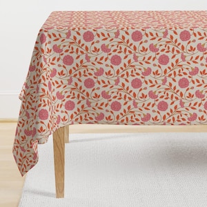 Indian Floral Tablecloth - Naisha&#39;s Garden by rocketandindigo - Pink Flowers Leaves Floral Orange Cotton Sateen Tablecloth by Spoonflower