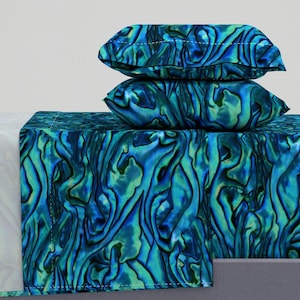 Op de afbeelding: Een blauw en groen beddengoedset met een draaiend abalone-schelpmotief. De set bevat een hoeslaken, een plat laken en twee kussenslopen.