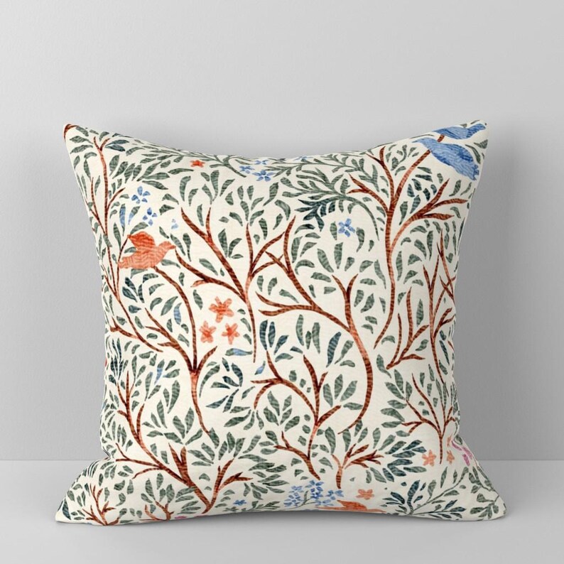 Whimsical Throw Pillow - Cottagecore Nature Trees Leaves Birds Floral Decorative Square Throw Pillow - Birds And Branches by mona_ahmed image 3