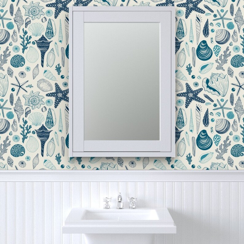 Teal Shells Commercial Grade Wallpaper Seashells on Cream by Etsy