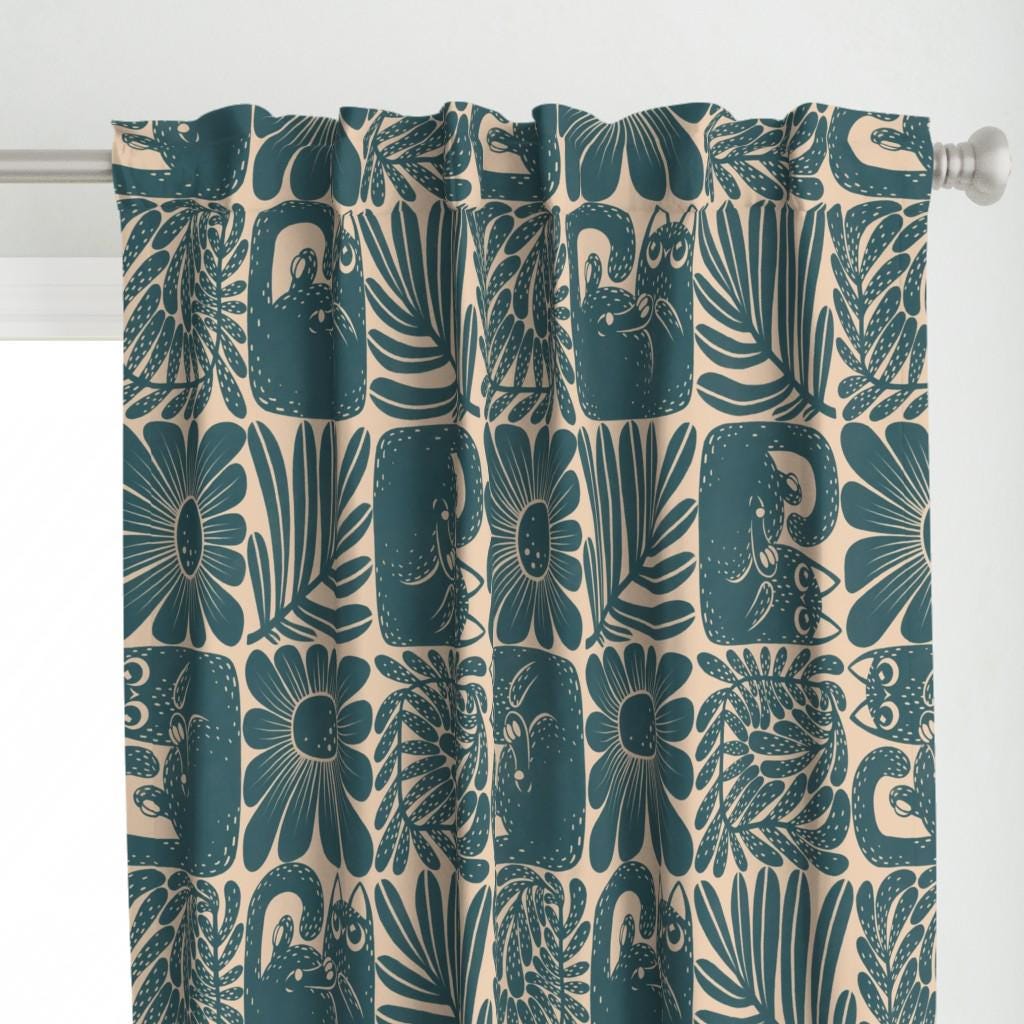 Teal Block Print Curtain Panel - Cats And Flowers by graf_katz - Retro Petrol Floral Cat Cream Squares Custom Curtain Panel by Spoonflower