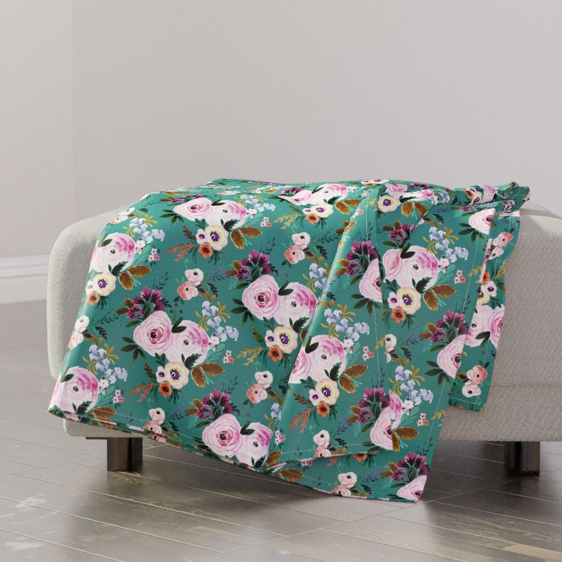 Pink Floral Throw Blanket Watercolor Throw Blanket with Spoonflower Fabric Victoria Floral Teal by crystal/_walen