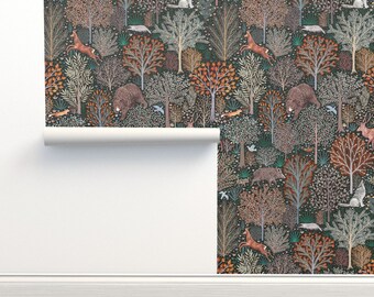 Rustik, oklistrad tapet med skogsmark, nyckfulla skogsdjur - Skogsdjur av rebecca_reck_art Tapet med dubbel rulle av Spoonflower