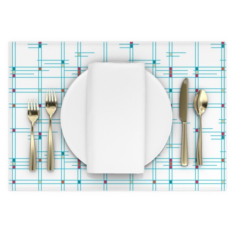 Mid Century Modern Placemats Set of 2 Atomic Plaid Blue Etsy