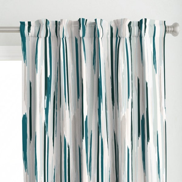 Abstract Stripe Curtain Panel - Feather Stripe Teal by crystal_walen - Teal And Cream Painterly Look Custom Curtain Panel by Spoonflower