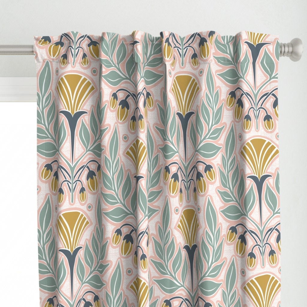 Art Nouveau Flowers Curtain Panel - Blush Pink Mustard Pink And Gold Spring Flowers Custom Curtain Panel - La Floraison by heatherdutton -