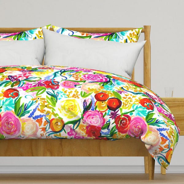 Bright Bold Flowers Bedding - Neon Summer Floral by theartwerks - Summer Floral Watercolor Garden Cotton Sateen Duvet Cover OR Pillow Shams