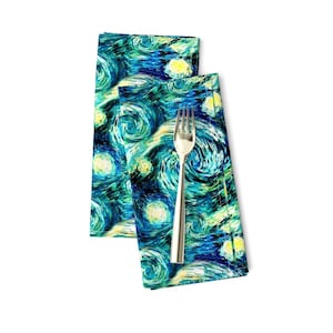 Starry Night Dinner Napkins Set of 2 - Celestial Night Time Van Gogh Teal Swirl Star Sky Cloth Napkins - Starry Night Sky by bohobear