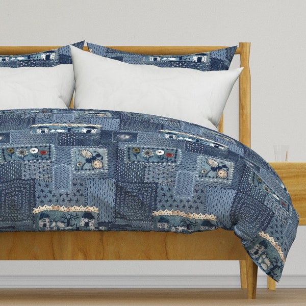 Faux Denim Patches Bedding - Denim Crazy Quilting by fvo_design - Cute Kids Buttons Cotton Sateen Duvet Cover OR Pillow Shams by Spoonflower