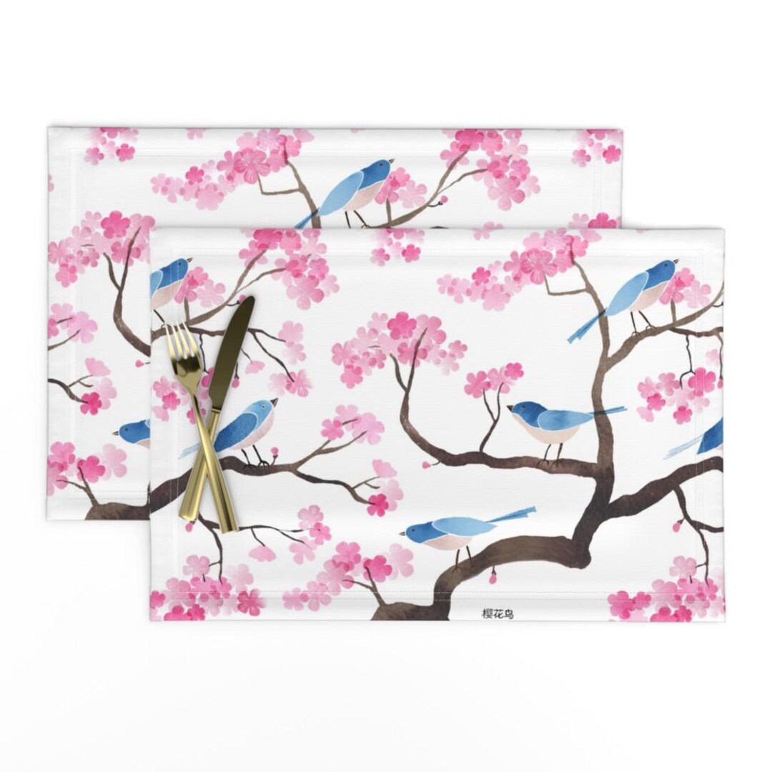 Chinoiserie Placemats Set of 2 - Watercolor Floral Blossom Birds Chintz ...