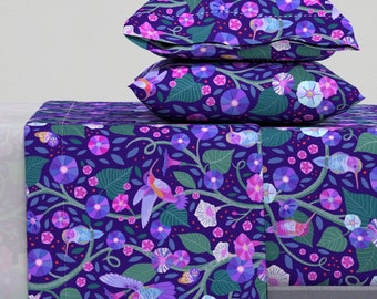 Purple Sheets - Good Morning Glories by janetbroxon - Pink Blue Butterflies Birds Garden Cotton Sateen Sheet Set Bedding by Spoonflower