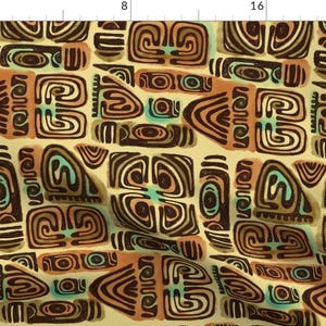 Puede incluir: Un patr&oacute;n sin costuras que presenta un dise&ntilde;o repetitivo de formas geom&eacute;tricas en tonos marrones, tostados y turquesa. El patr&oacute;n recuerda al arte tradicional polinesio o tribal.