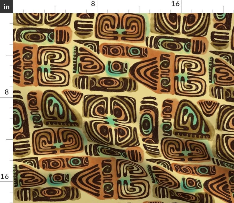 Puede incluir: Un patr&oacute;n sin costuras que presenta un dise&ntilde;o repetitivo de formas geom&eacute;tricas en tonos marrones, tostados y turquesa. El patr&oacute;n recuerda al arte tradicional polinesio o tribal.