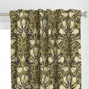 Art Nouveau Curtain Panel - Floral Lilies by geetanjali - William Morris Style Cream Antique Green Custom Curtain Panel by Spoonflower