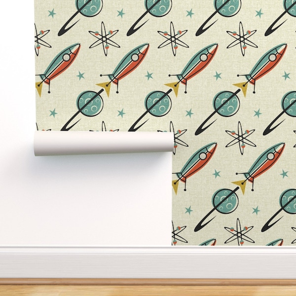 Fondo de pantalla de grado comercial de mediados de siglo - Cohetes atómicos de studioxtine - Naves espaciales Atomic Age Wallpaper Double Roll de Spoonflower