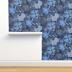 Indigo Floral Non-Pasted Wallpaper - Shibori Floral by miraparadies - Lush Blue Flowers Tie Dye Blue  Wallpaper Double Roll by Spoonflower