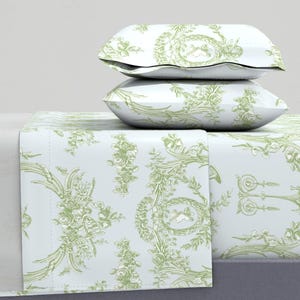 French Sheets - Marie Toile Basil Green On Blue by lilyoake - Vintage Rococo Toile Floral Cotton Sateen Sheet Set Bedding by Spoonflower