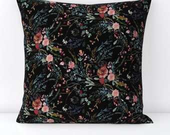 Moody Floral Throw Pillow - Fable Floral Black by nouveau_bohemian - Black Garden  Woven Look Decorative Square Throw Pillow by Spoonflower