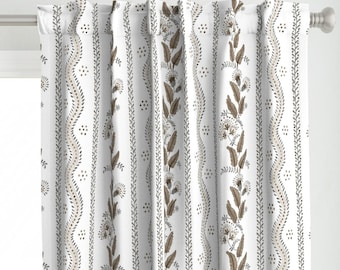 May include: White curtains with a brown and gray floral pattern. The pattern features repeating vertical lines of leaves and flowers.