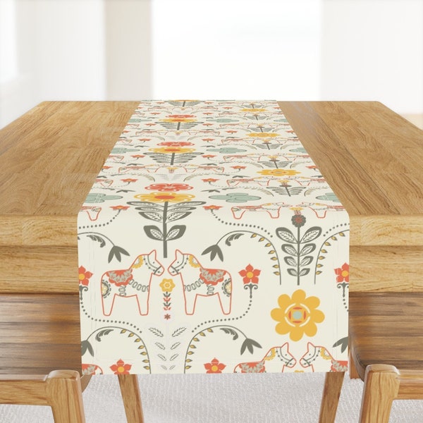 Scandinavian Table Runner - Dala Horse by nadja_petremand - Folk Art Animals Horses Floral Nursery Cotton Sateen Table Runner by Spoonflower