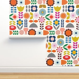 Scandi Floral Non-Pasted Wallpaper - Scandi Garden by katerhees - Mod Floral Scandi Flowers Large Scale Wallpaper Double Roll by Spoonflower