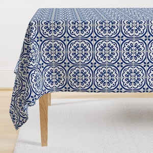 Blue Farmhouse Tile Tablecloth - Farmhouse Tile by 3rittanylane - Moroccan Squares Mexican Mosaic Cotton Sateen Tablecloth by Spoonflower