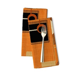 Mid Century Modern Dinner Napkins (Set of 2) - Orbs And Squares by chicca_besso - Vintage Inspired Orange Black Cloth Napkins by Spoonflower